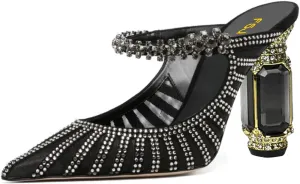 FSJ Women Crystal Chunky Heeled Mules Wedding Sandals Rhinestone Strappy Pumps Pointed Toe Fashion Slippers Slip On Bridal Shoes Size 4-15 US