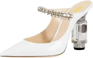 FSJ Women Crystal Chunky Heeled Mules Wedding Sandals Rhinestone Strappy Pumps Pointed Toe Fashion Slippers Slip On Bridal Shoes Size 4-15 US