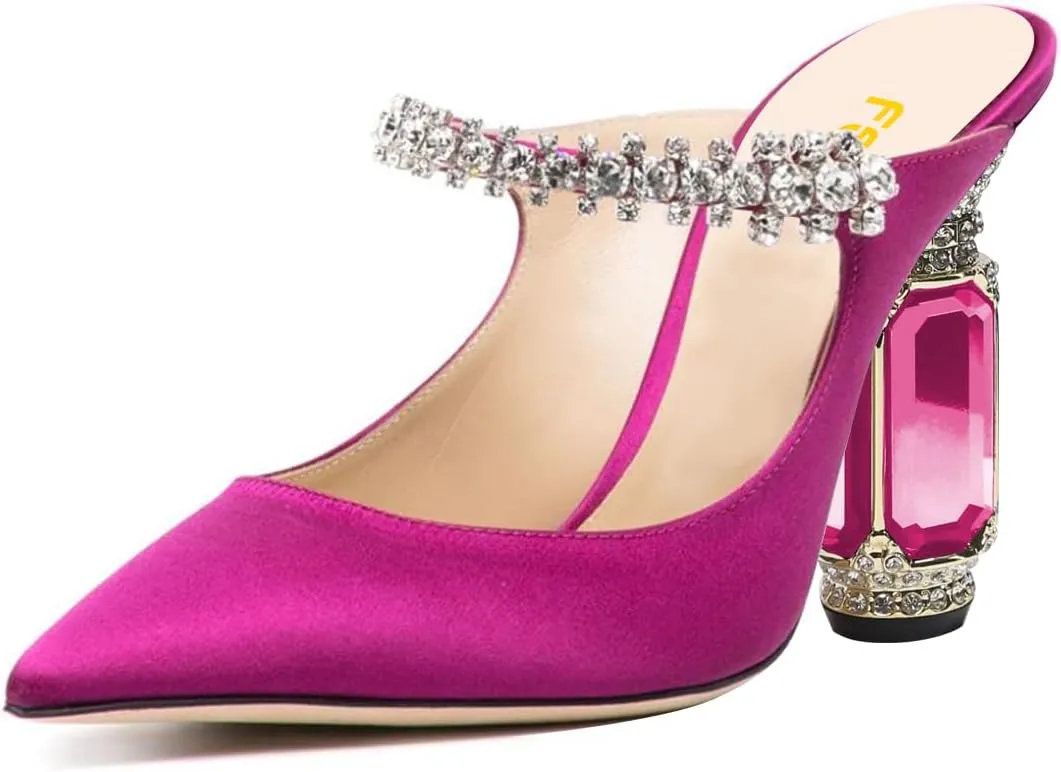 FSJ Women Crystal Chunky Heeled Mules Wedding Sandals Rhinestone Strappy Pumps Pointed Toe Fashion Slippers Slip On Bridal Shoes Size 4-15 US
