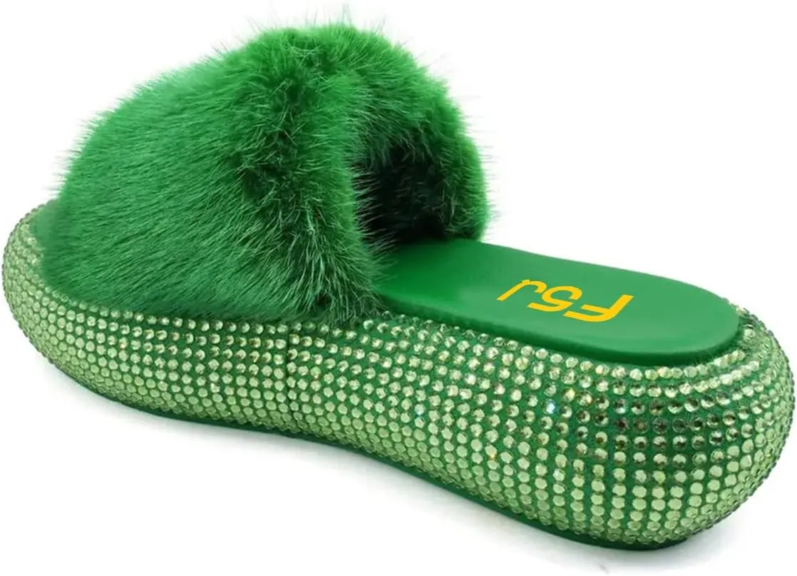 FSJ Women Fur Fur Open Toe Mules Studded Rhinestone Soft Thick Sole Slippers Slip On Casual Comfy Slide Sandals Size 4-15 US