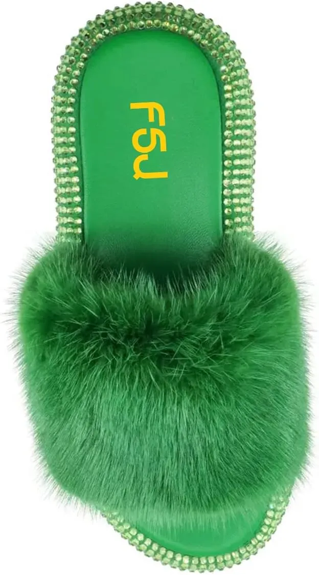 FSJ Women Fur Fur Open Toe Mules Studded Rhinestone Soft Thick Sole Slippers Slip On Casual Comfy Slide Sandals Size 4-15 US