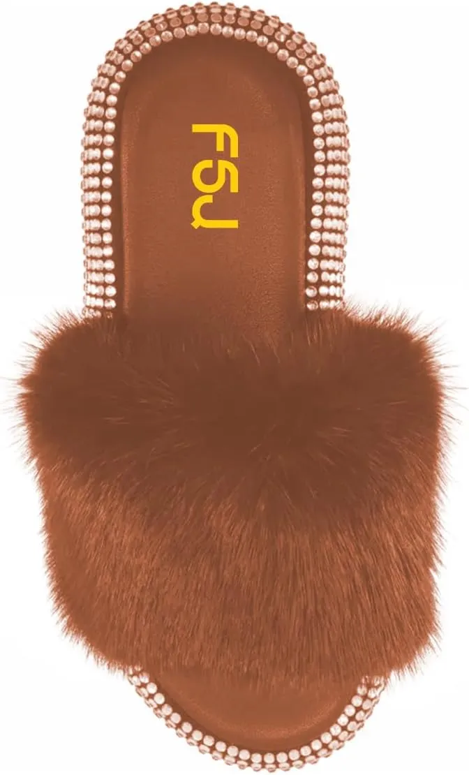 FSJ Women Fur Fur Open Toe Mules Studded Rhinestone Soft Thick Sole Slippers Slip On Casual Comfy Slide Sandals Size 4-15 US