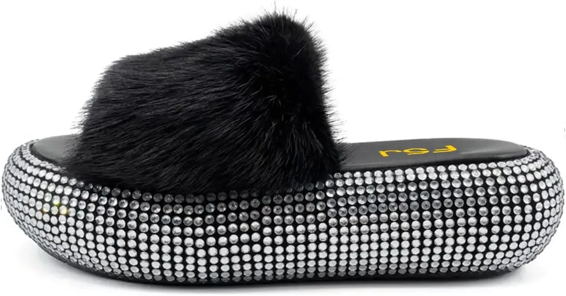 FSJ Women Fur Fur Open Toe Mules Studded Rhinestone Soft Thick Sole Slippers Slip On Casual Comfy Slide Sandals Size 4-15 US