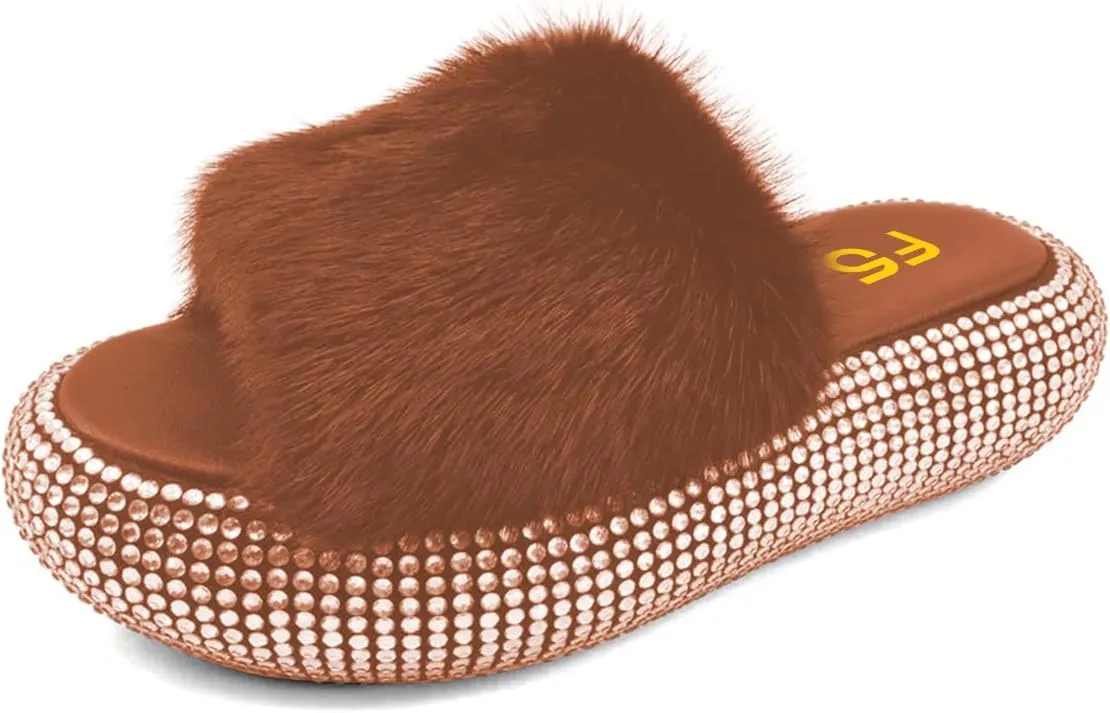 FSJ Women Fur Fur Open Toe Mules Studded Rhinestone Soft Thick Sole Slippers Slip On Casual Comfy Slide Sandals Size 4-15 US