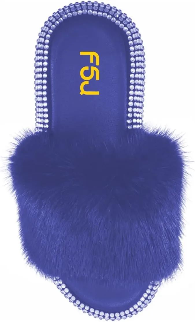 FSJ Women Fur Fur Open Toe Mules Studded Rhinestone Soft Thick Sole Slippers Slip On Casual Comfy Slide Sandals Size 4-15 US