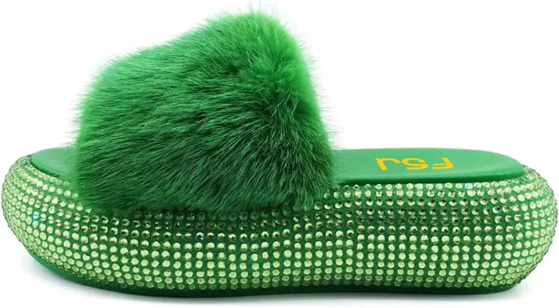 FSJ Women Fur Fur Open Toe Mules Studded Rhinestone Soft Thick Sole Slippers Slip On Casual Comfy Slide Sandals Size 4-15 US