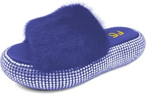 FSJ Women Fur Fur Open Toe Mules Studded Rhinestone Soft Thick Sole Slippers Slip On Casual Comfy Slide Sandals Size 4-15 US