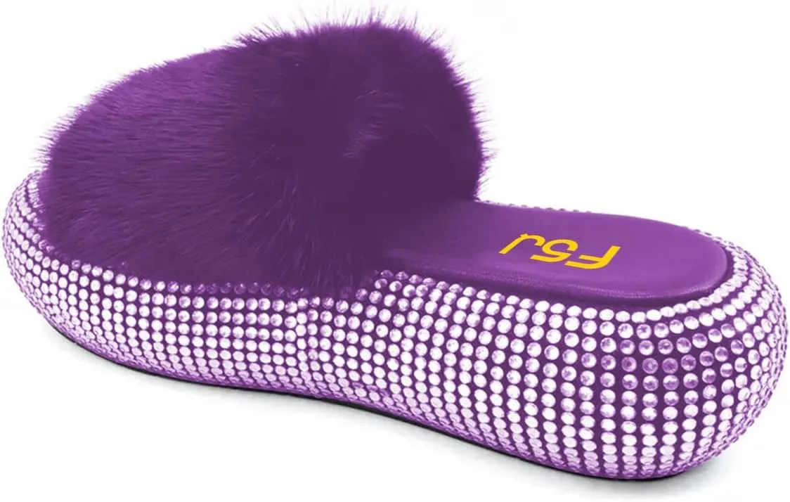 FSJ Women Fur Fur Open Toe Mules Studded Rhinestone Soft Thick Sole Slippers Slip On Casual Comfy Slide Sandals Size 4-15 US