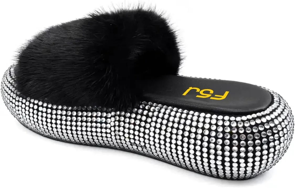 FSJ Women Fur Fur Open Toe Mules Studded Rhinestone Soft Thick Sole Slippers Slip On Casual Comfy Slide Sandals Size 4-15 US