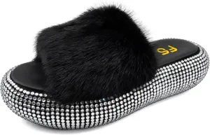 FSJ Women Fur Fur Open Toe Mules Studded Rhinestone Soft Thick Sole Slippers Slip On Casual Comfy Slide Sandals Size 4-15 US