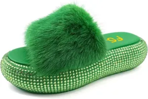 FSJ Women Fur Fur Open Toe Mules Studded Rhinestone Soft Thick Sole Slippers Slip On Casual Comfy Slide Sandals Size 4-15 US