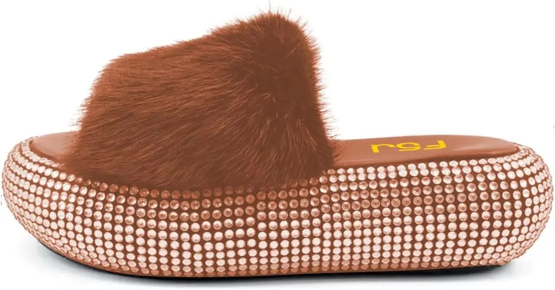 FSJ Women Fur Fur Open Toe Mules Studded Rhinestone Soft Thick Sole Slippers Slip On Casual Comfy Slide Sandals Size 4-15 US