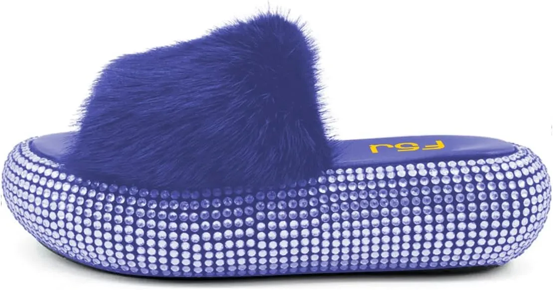 FSJ Women Fur Fur Open Toe Mules Studded Rhinestone Soft Thick Sole Slippers Slip On Casual Comfy Slide Sandals Size 4-15 US