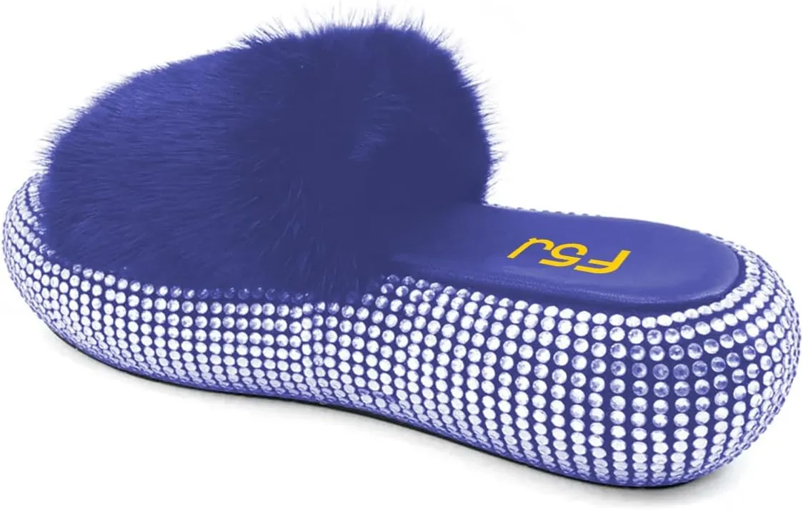 FSJ Women Fur Fur Open Toe Mules Studded Rhinestone Soft Thick Sole Slippers Slip On Casual Comfy Slide Sandals Size 4-15 US
