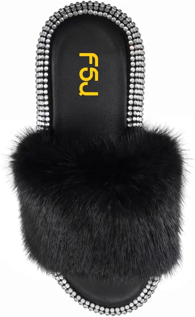 FSJ Women Fur Fur Open Toe Mules Studded Rhinestone Soft Thick Sole Slippers Slip On Casual Comfy Slide Sandals Size 4-15 US