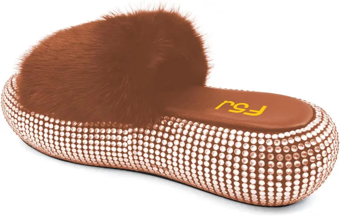 FSJ Women Fur Fur Open Toe Mules Studded Rhinestone Soft Thick Sole Slippers Slip On Casual Comfy Slide Sandals Size 4-15 US