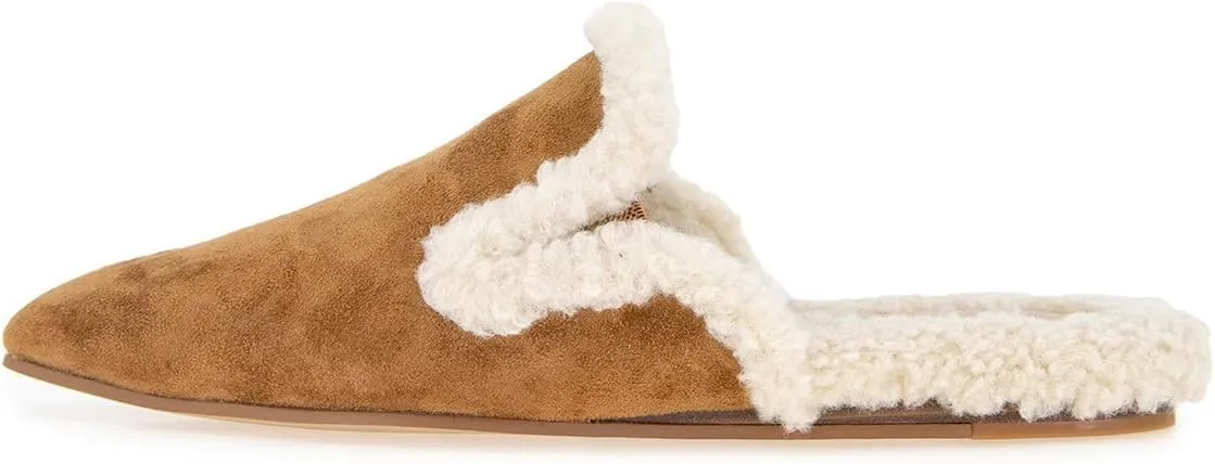 FSJ Women Fur Mules Comfortable Pointed Closed Toe Flat Sandals Slip-On Furry Padded Backless Loafers Casual Slides Slippers Shoes Size 4-16 US