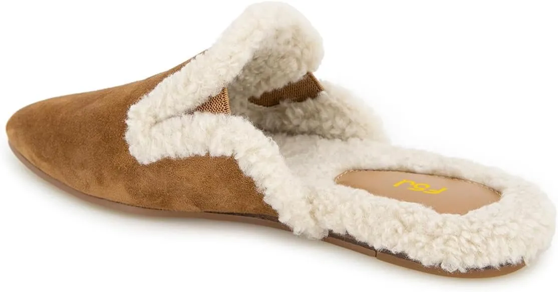 FSJ Women Fur Mules Comfortable Pointed Closed Toe Flat Sandals Slip-On Furry Padded Backless Loafers Casual Slides Slippers Shoes Size 4-16 US