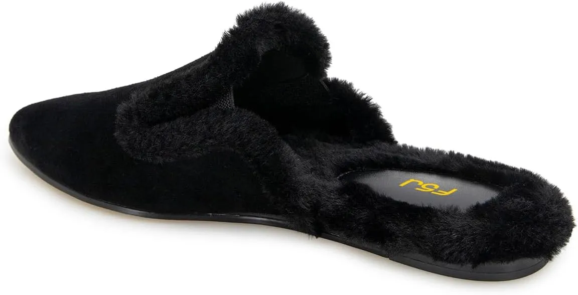 FSJ Women Fur Mules Comfortable Pointed Closed Toe Flat Sandals Slip-On Furry Padded Backless Loafers Casual Slides Slippers Shoes Size 4-16 US