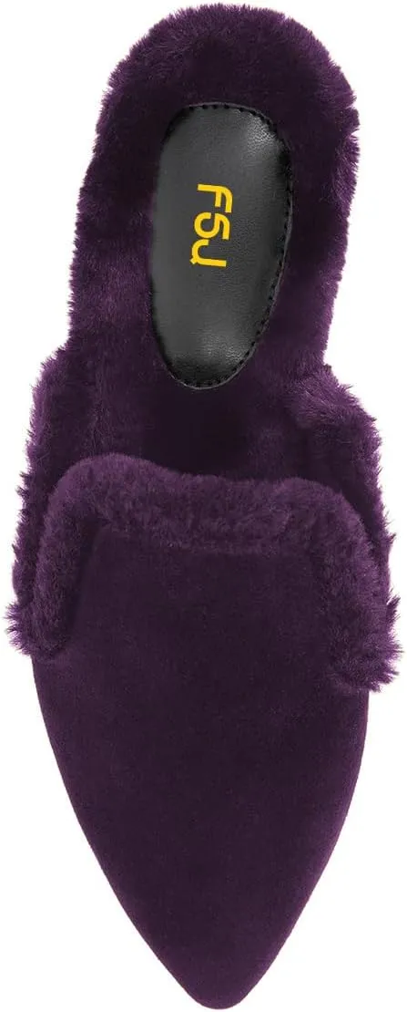 FSJ Women Fur Mules Comfortable Pointed Closed Toe Flat Sandals Slip-On Furry Padded Backless Loafers Casual Slides Slippers Shoes Size 4-16 US
