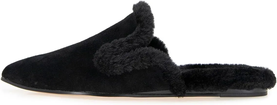 FSJ Women Fur Mules Comfortable Pointed Closed Toe Flat Sandals Slip-On Furry Padded Backless Loafers Casual Slides Slippers Shoes Size 4-16 US
