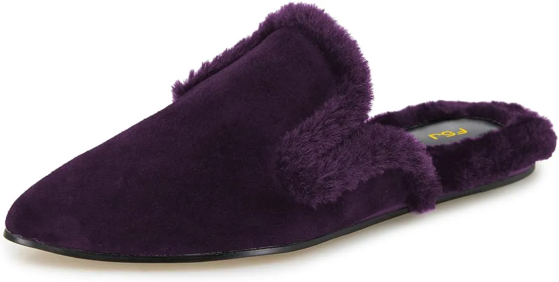 FSJ Women Fur Mules Comfortable Pointed Closed Toe Flat Sandals Slip-On Furry Padded Backless Loafers Casual Slides Slippers Shoes Size 4-16 US