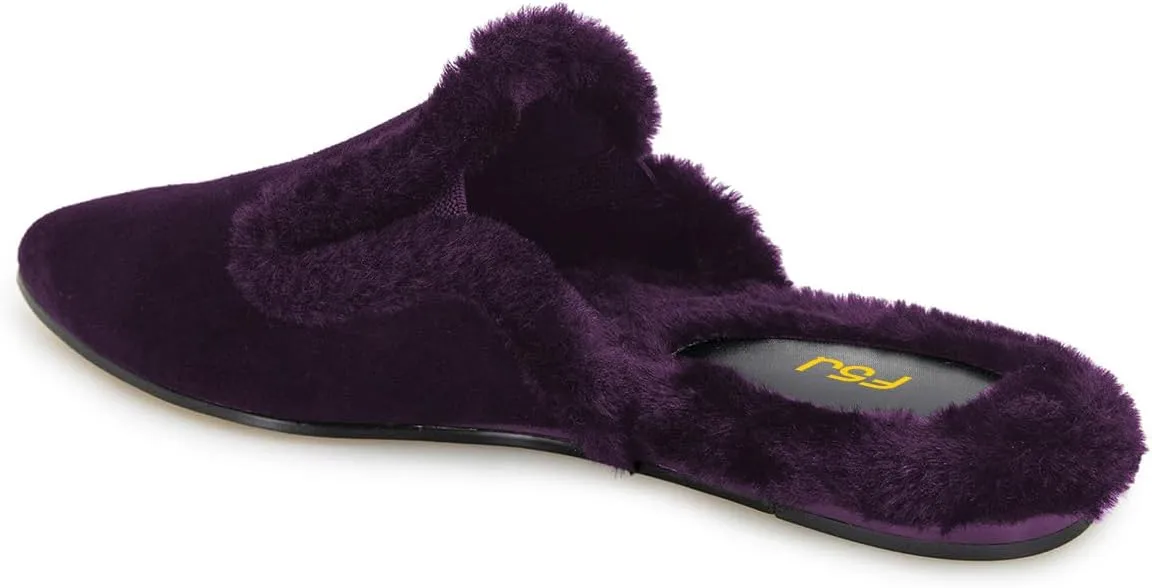 FSJ Women Fur Mules Comfortable Pointed Closed Toe Flat Sandals Slip-On Furry Padded Backless Loafers Casual Slides Slippers Shoes Size 4-16 US