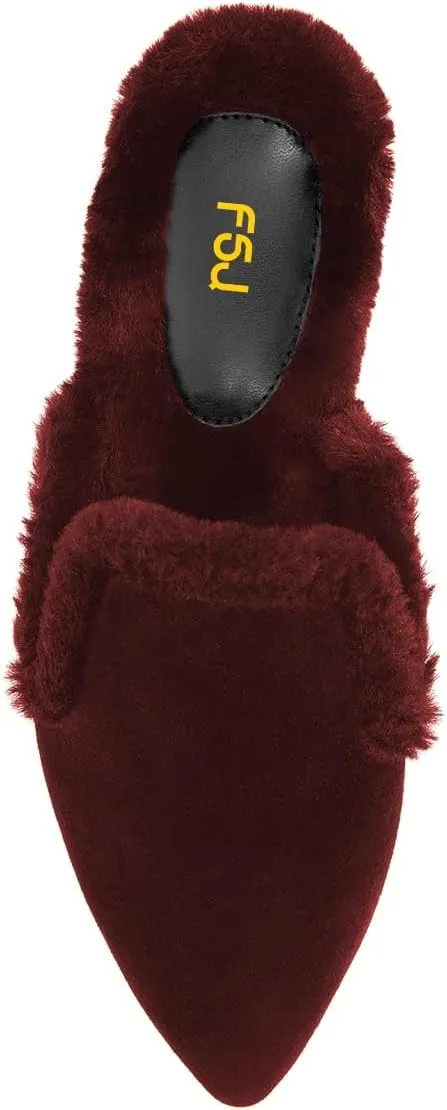 FSJ Women Fur Mules Comfortable Pointed Closed Toe Flat Sandals Slip-On Furry Padded Backless Loafers Casual Slides Slippers Shoes Size 4-16 US