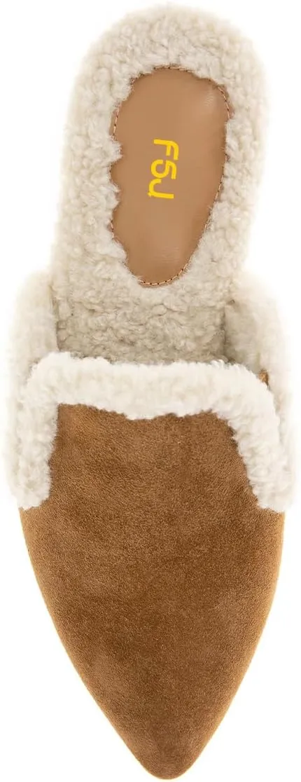 FSJ Women Fur Mules Comfortable Pointed Closed Toe Flat Sandals Slip-On Furry Padded Backless Loafers Casual Slides Slippers Shoes Size 4-16 US
