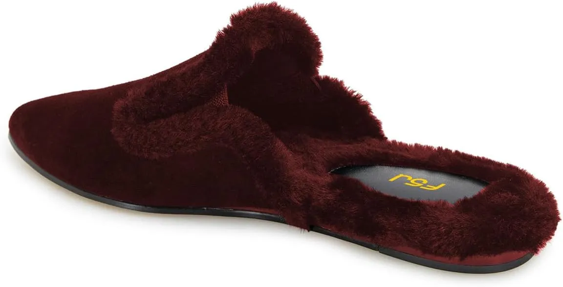 FSJ Women Fur Mules Comfortable Pointed Closed Toe Flat Sandals Slip-On Furry Padded Backless Loafers Casual Slides Slippers Shoes Size 4-16 US