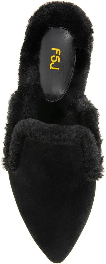 FSJ Women Fur Mules Comfortable Pointed Closed Toe Flat Sandals Slip-On Furry Padded Backless Loafers Casual Slides Slippers Shoes Size 4-16 US