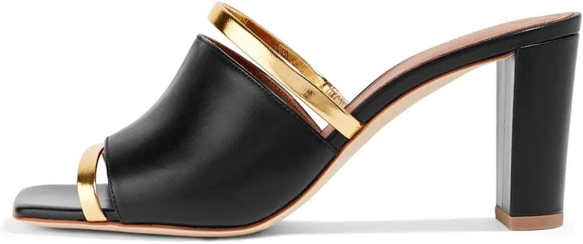 FSJ Women Open Peep Toe High Heel Slide Sandals Backless Slip on Clog Mules Gold Band Casual Shoes Size 4-15 US