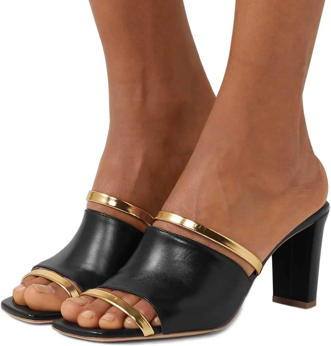 FSJ Women Open Peep Toe High Heel Slide Sandals Backless Slip on Clog Mules Gold Band Casual Shoes Size 4-15 US