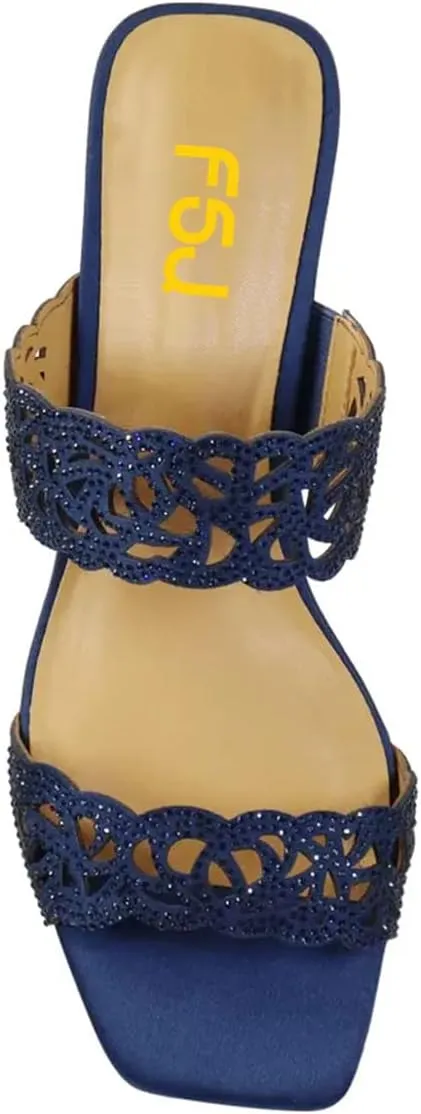 FSJ Women Stylish Cutout Open Toe Mules Slip On Round Crystal Low Heel Prom Evening Dress Slide Sandals Size 4-15 US