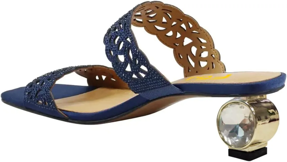 FSJ Women Stylish Cutout Open Toe Mules Slip On Round Crystal Low Heel Prom Evening Dress Slide Sandals Size 4-15 US