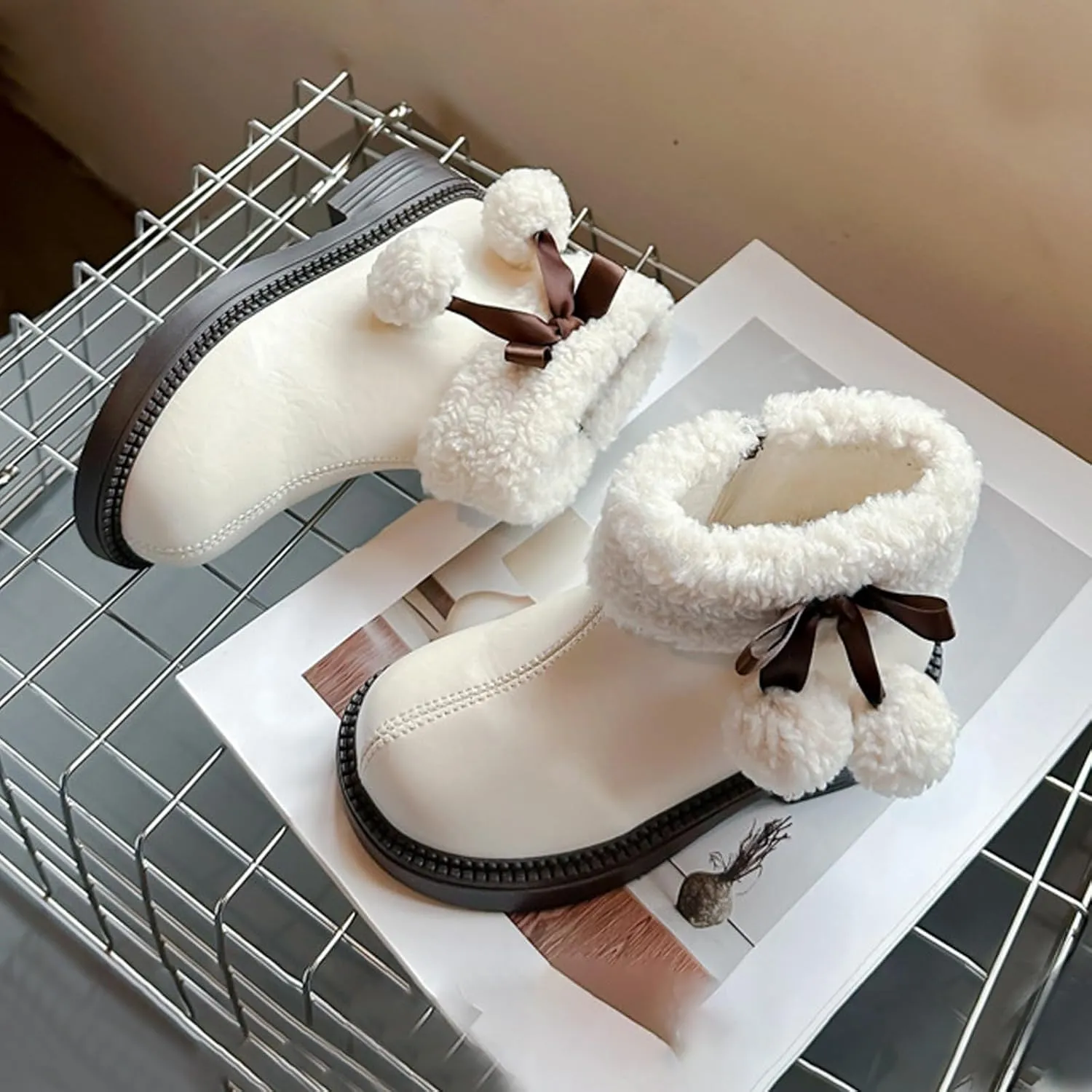 Fuzzy 𝗟ow Heel Booties For Girls Kids Leather Soft Sole Non Slip Shoes Childrens 𝐖aterproof Warm F𝘂r Snow Boots Comfy