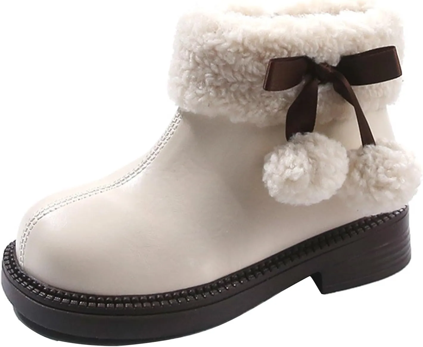 Fuzzy 𝗟ow Heel Booties For Girls Kids Leather Soft Sole Non Slip Shoes Childrens 𝐖aterproof Warm F𝘂r Snow Boots Comfy