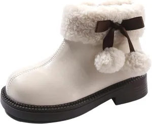 Fuzzy 𝗟ow Heel Booties For Girls Kids Leather Soft Sole Non Slip Shoes Childrens 𝐖aterproof Warm F𝘂r Snow Boots Comfy