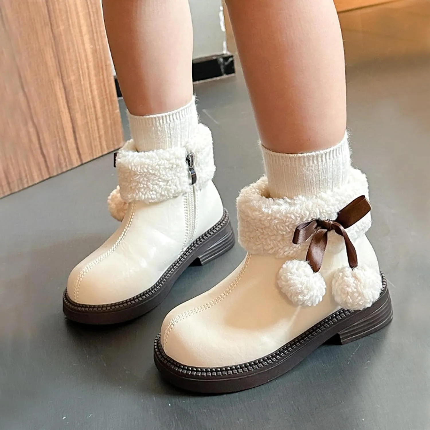 Fuzzy 𝗟ow Heel Booties For Girls Kids Leather Soft Sole Non Slip Shoes Childrens 𝐖aterproof Warm F𝘂r Snow Boots Comfy
