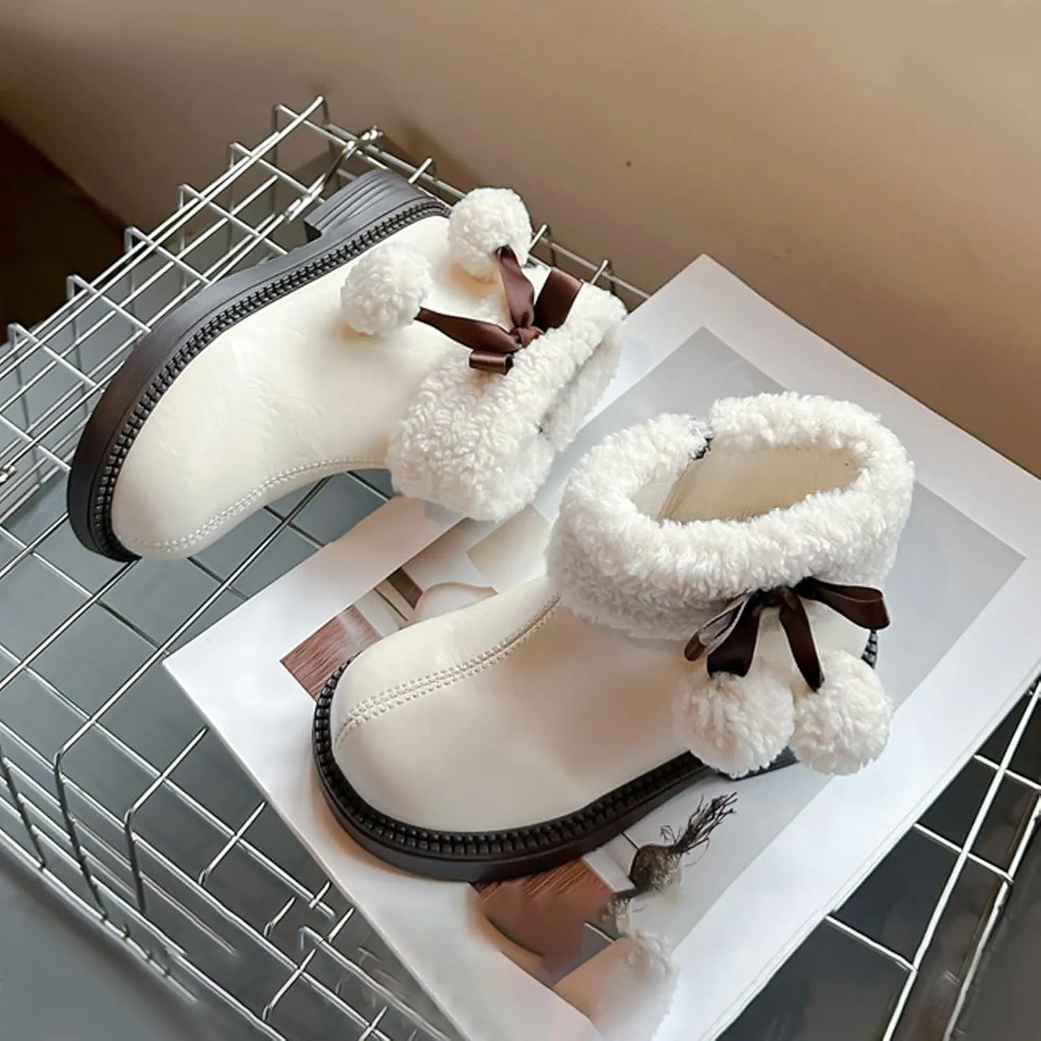 Fuzzy 𝗟ow Heel Booties For Girls Kids Leather Soft Sole Non Slip Shoes Childrens 𝐖aterproof Warm F𝘂r Snow Boots Comfy