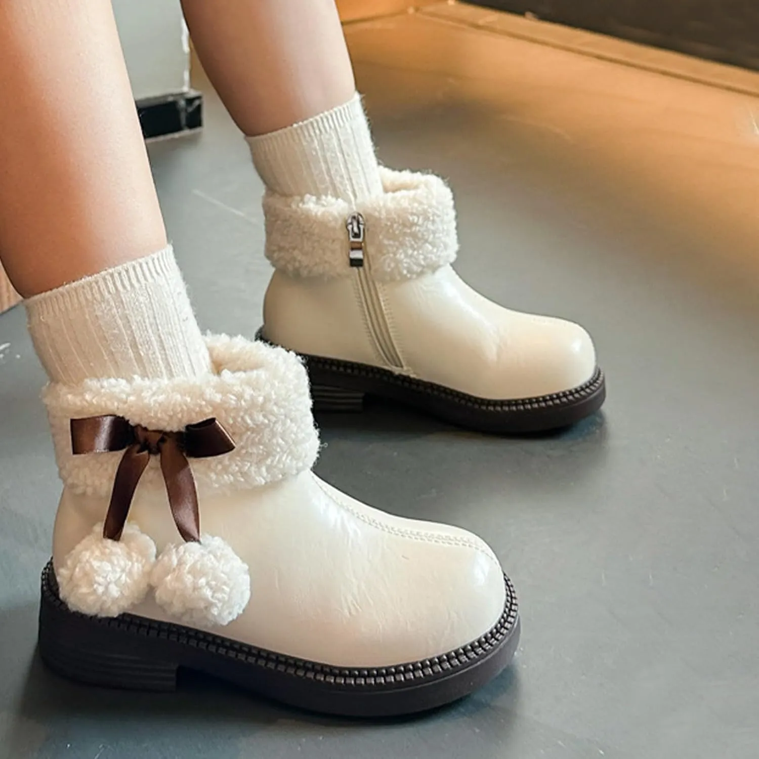 Fuzzy 𝗟ow Heel Booties For Girls Kids Leather Soft Sole Non Slip Shoes Childrens 𝐖aterproof Warm F𝘂r Snow Boots Comfy