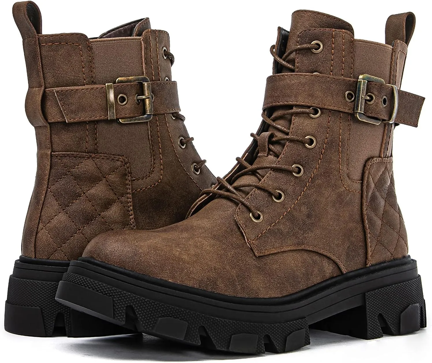 GLOBALWIN Women's Combat Boots Lace Up Ankle Booties Comfortable Lug Sole Boots For Women Chunky Low Heel
