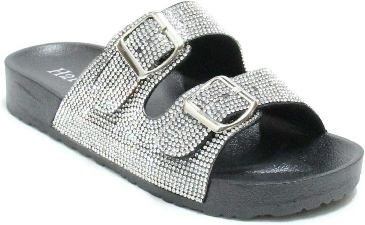 H2K Womens Glitter Double Buckle Adjustable Comfort Slip On Slides Sandals Espen