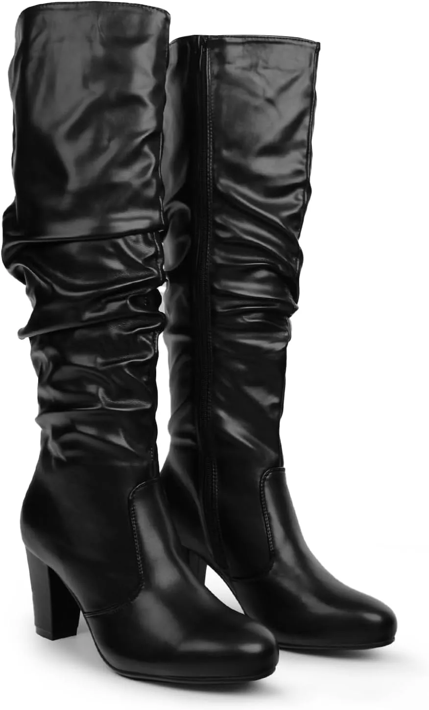 Hawkwell Women's Black White Fall Winter Chunky High-heel Side Zip Knee High Boots
