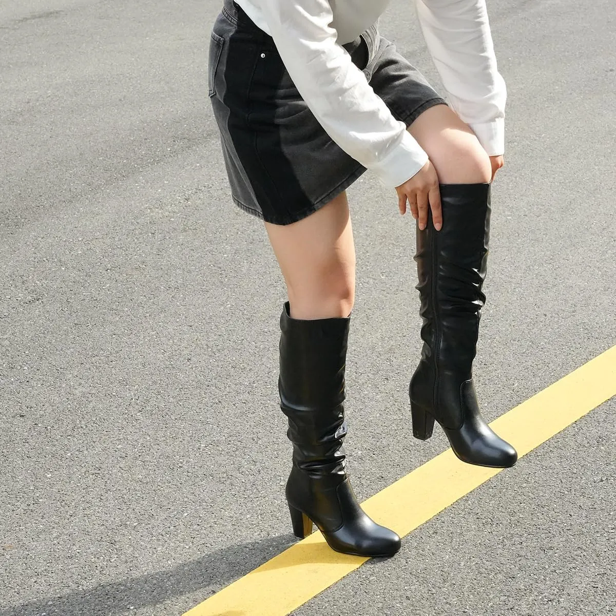 Hawkwell Women's Black White Fall Winter Chunky High-heel Side Zip Knee High Boots