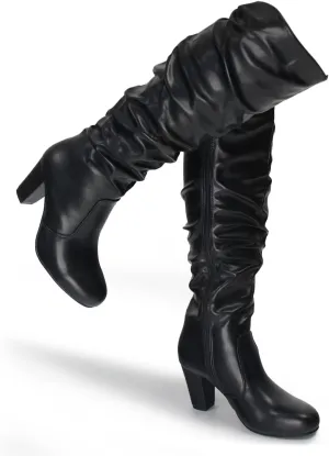 Hawkwell Women's Black White Fall Winter Chunky High-heel Side Zip Knee High Boots