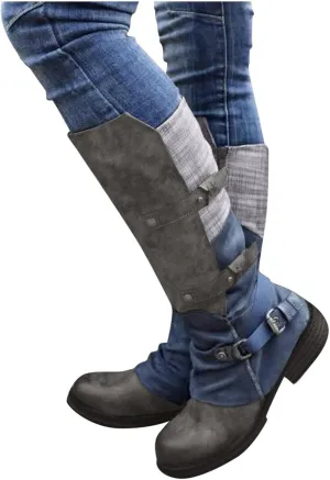 Hbeylia Boots For Women Vintage Slouchy Plaid Leather Round Toe Chunky Block Low Heels Pullon Wide Mid Calf Riding Work Boots Boho Casual Metal Buckle Winter Fall Long Tall Combat Boots