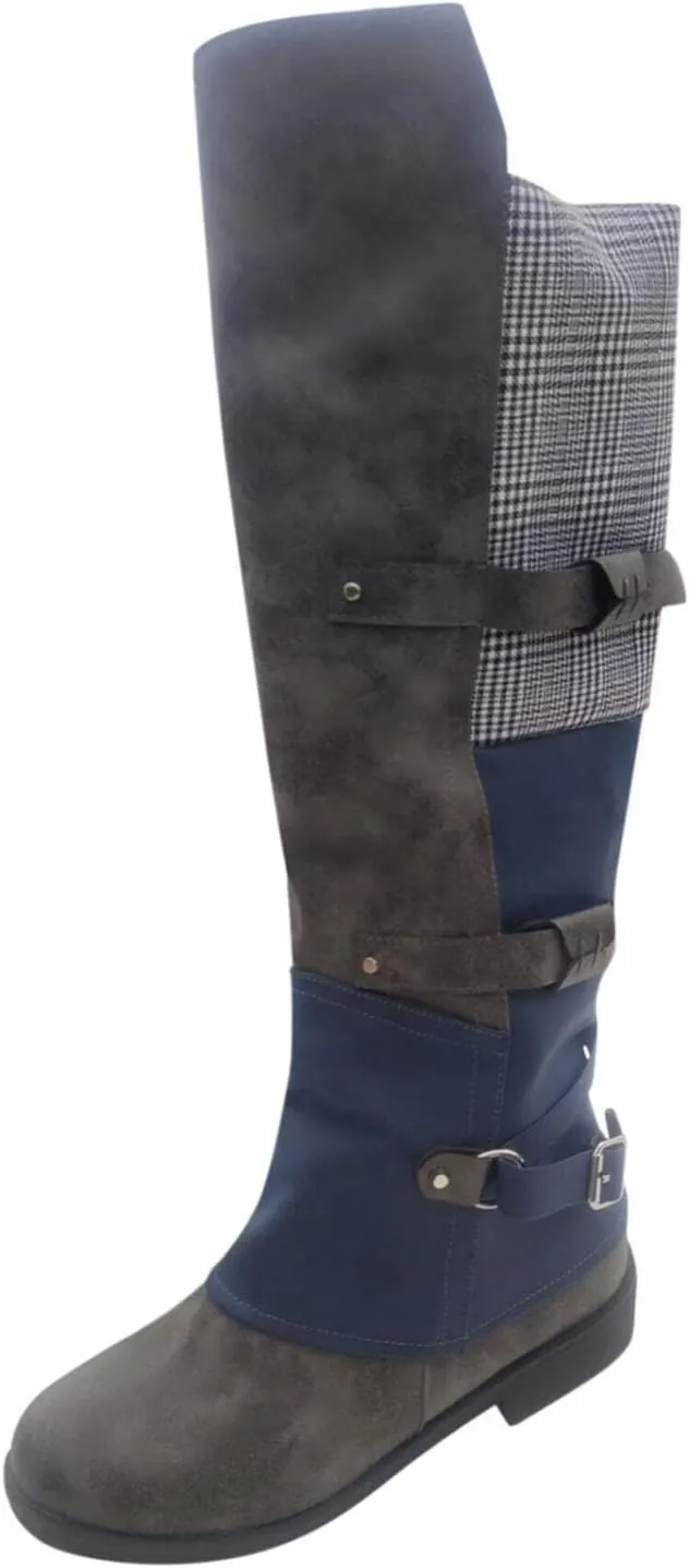 Hbeylia Boots For Women Vintage Slouchy Plaid Leather Round Toe Chunky Block Low Heels Pullon Wide Mid Calf Riding Work Boots Boho Casual Metal Buckle Winter Fall Long Tall Combat Boots