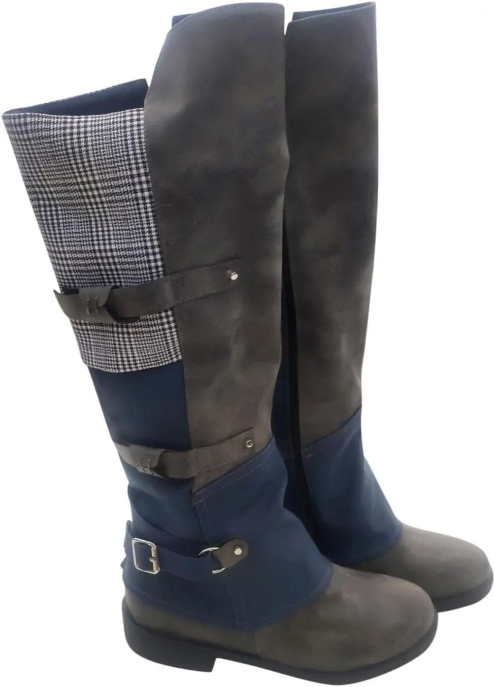 Hbeylia Boots For Women Vintage Slouchy Plaid Leather Round Toe Chunky Block Low Heels Pullon Wide Mid Calf Riding Work Boots Boho Casual Metal Buckle Winter Fall Long Tall Combat Boots