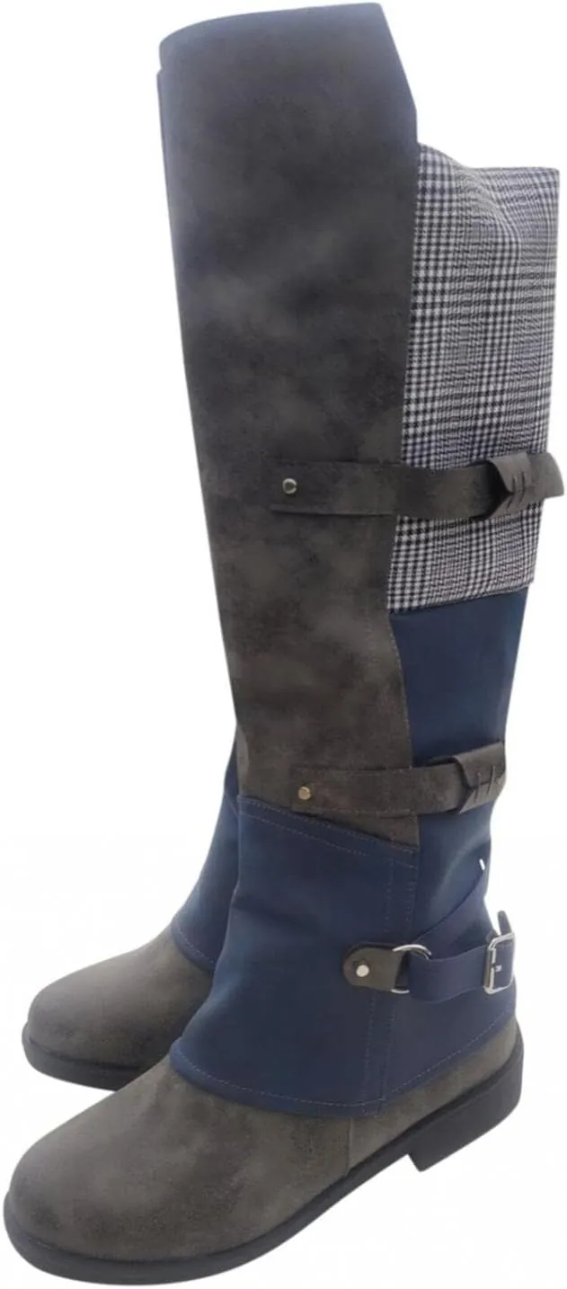 Hbeylia Boots For Women Vintage Slouchy Plaid Leather Round Toe Chunky Block Low Heels Pullon Wide Mid Calf Riding Work Boots Boho Casual Metal Buckle Winter Fall Long Tall Combat Boots